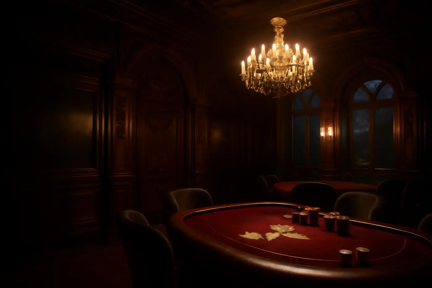 Sfeerbeeld van de speelzaal van Gransino Casino met gouden fiches op een fluwelen tafel